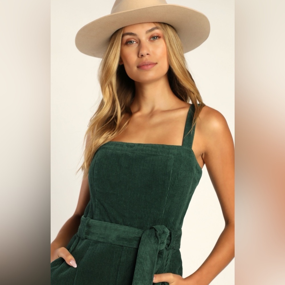 Lulus Green Corduroy Wide-Leg Jumpsuit NWT Women’s Small Belted - Picture 6 of 14